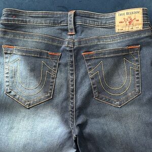 True Religion Women's Dark Blue Stretch Jeans with Orange Stitching